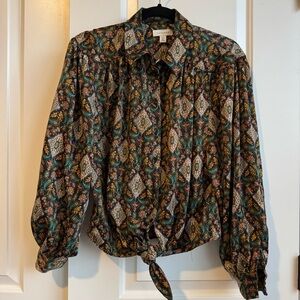 TOPSHOP Monkey Paisley Novelty Print Tie Front Blouse US 6
